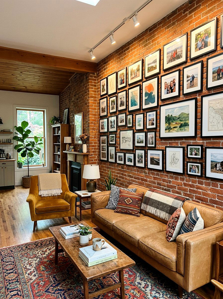 Brick wall gallery display - 30 exposed brick living room ideas