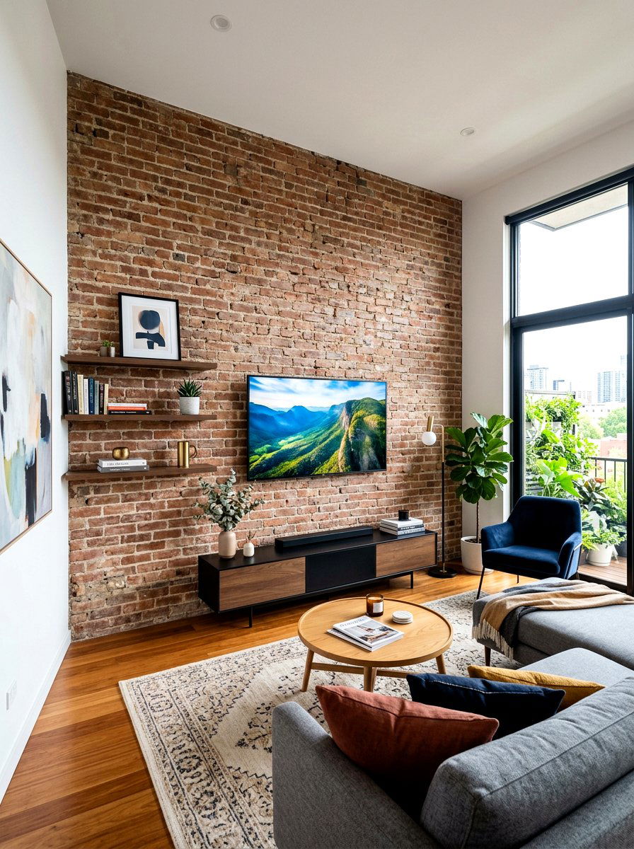 Brick wall television setup - 30 exposed brick living room ideas