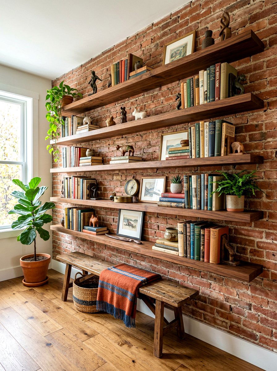 Brick wall with wooden shelves - 30 exposed brick living room ideas