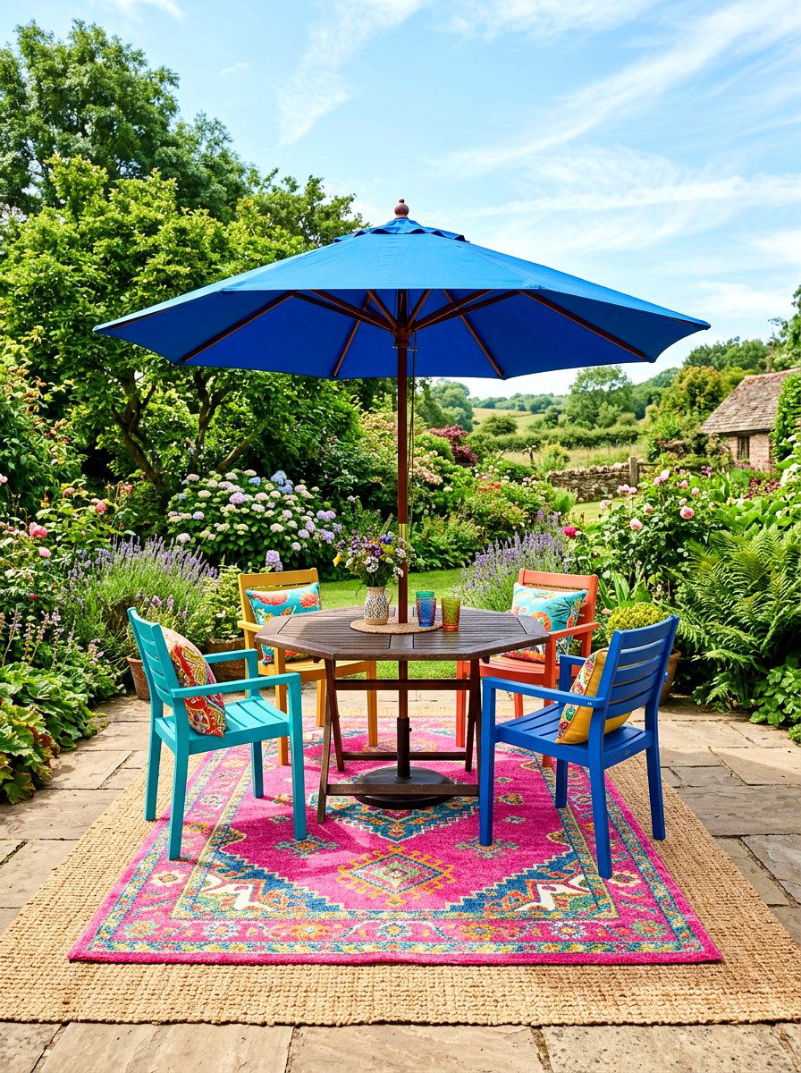Bright Color Rug Over Tan Fiber - 30 layered outdoor rug ideas