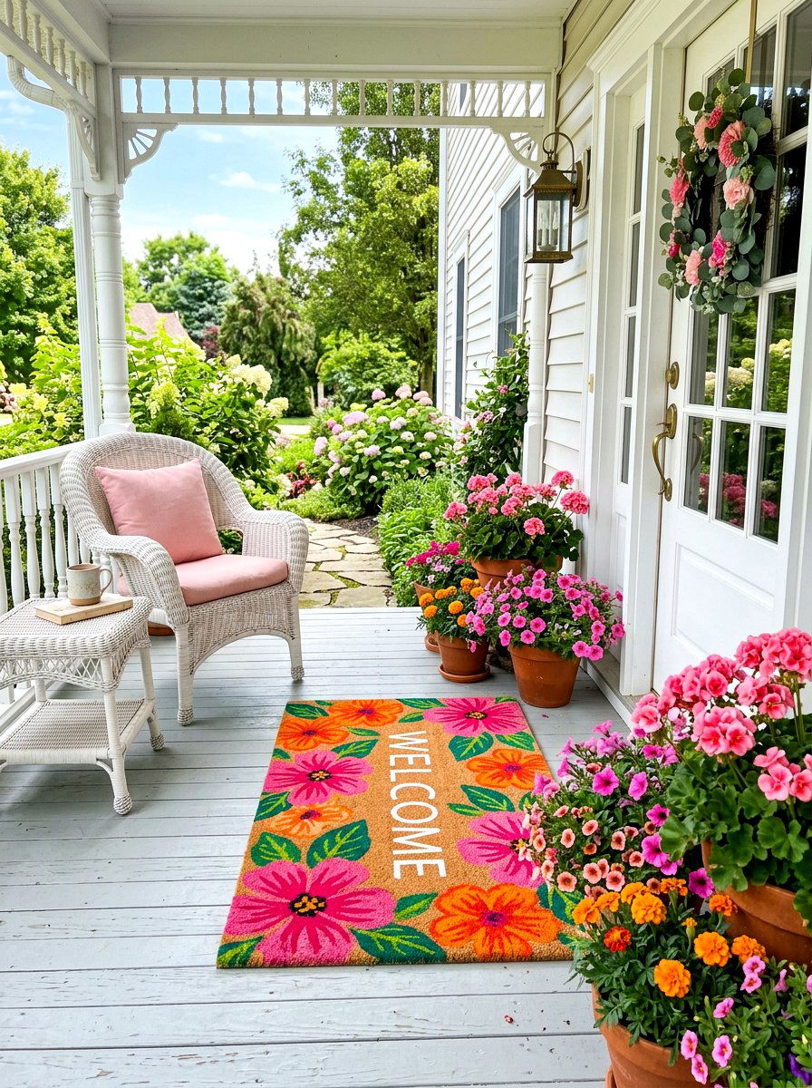 Bright Floral Welcome Mat - 30 front porch rug ideas
