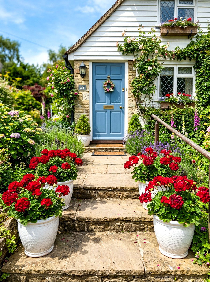 Bright Geranium Pot - 30 porch steps flower pot ideas