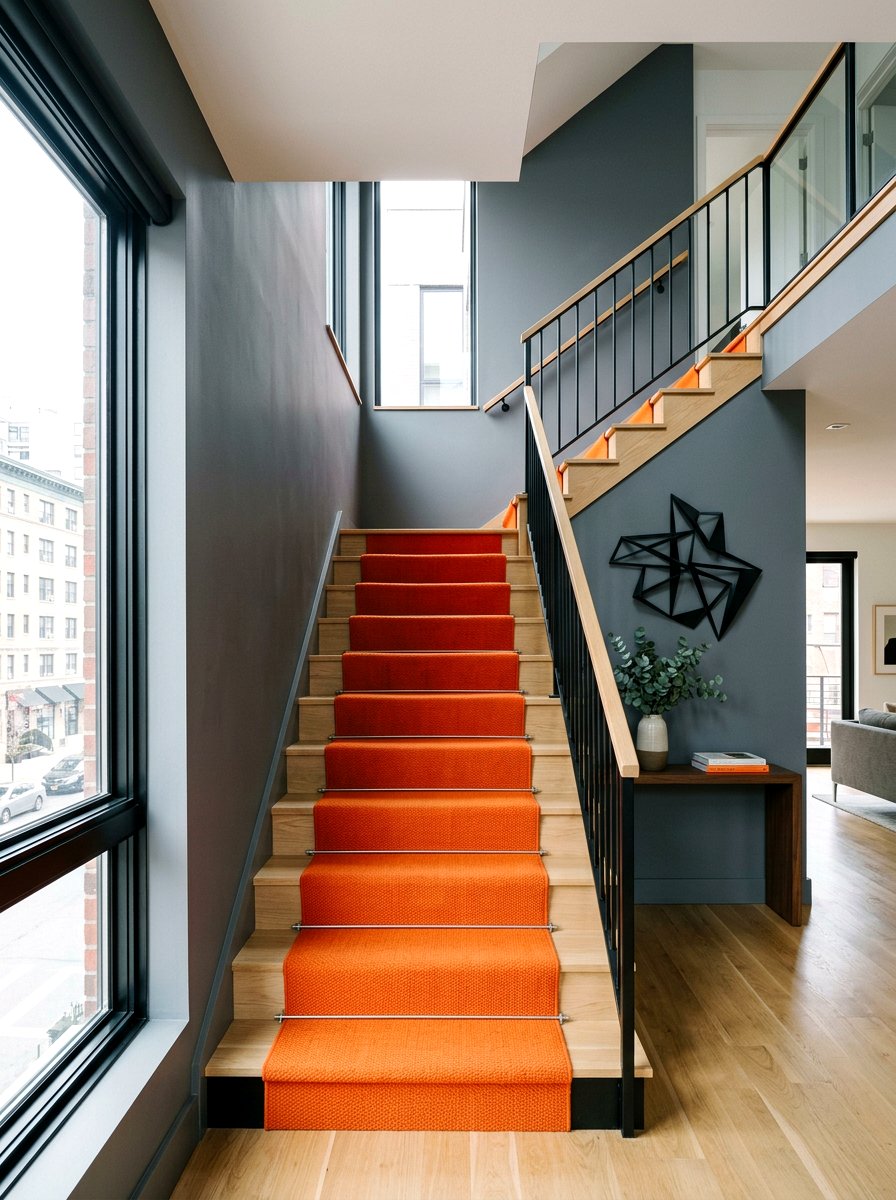Bright Orange Stair Runner - 30 dramatic stair runner ideas