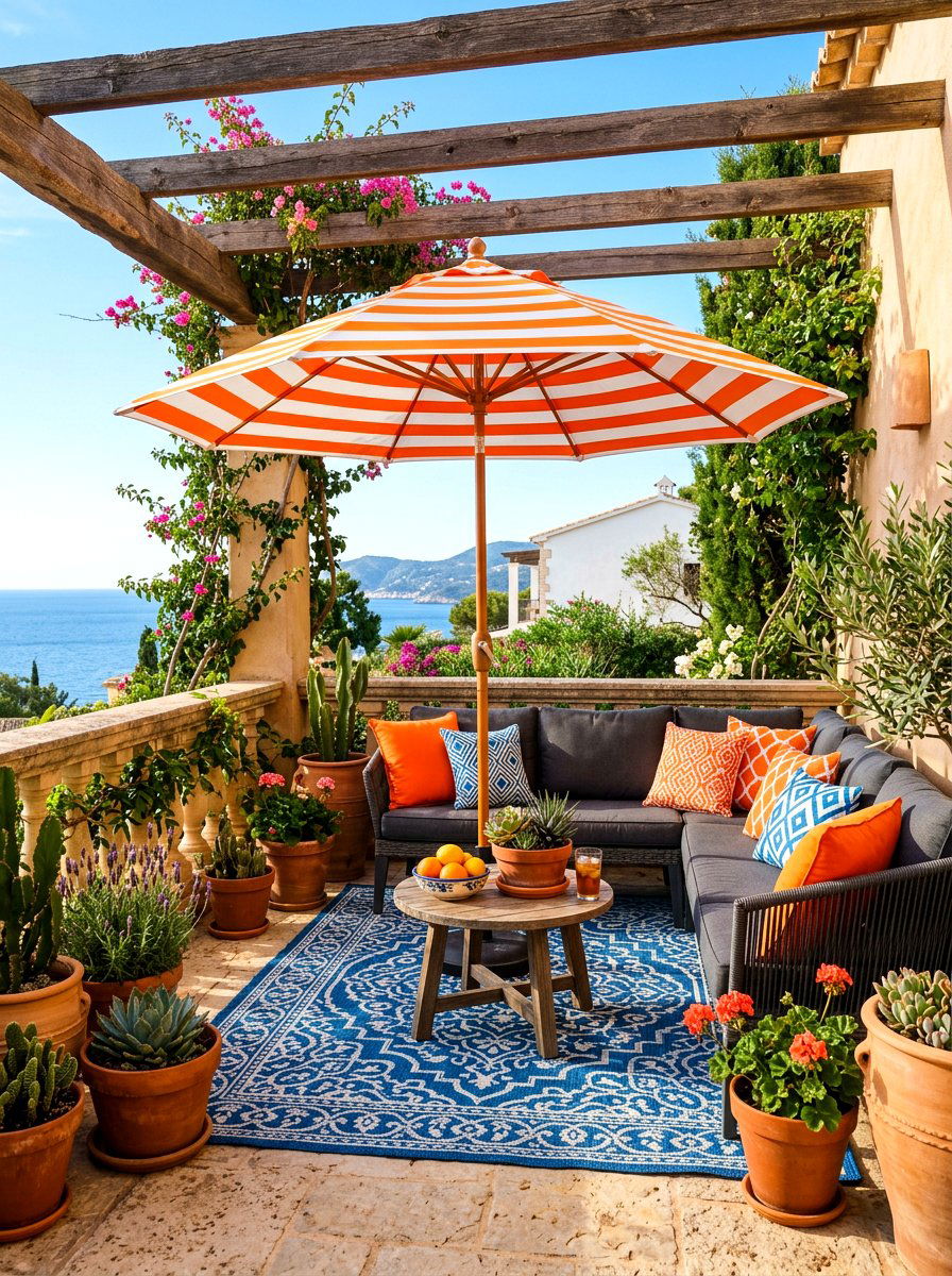 Bright Orange Striped Umbrella - 30 striped porch umbrella ideas