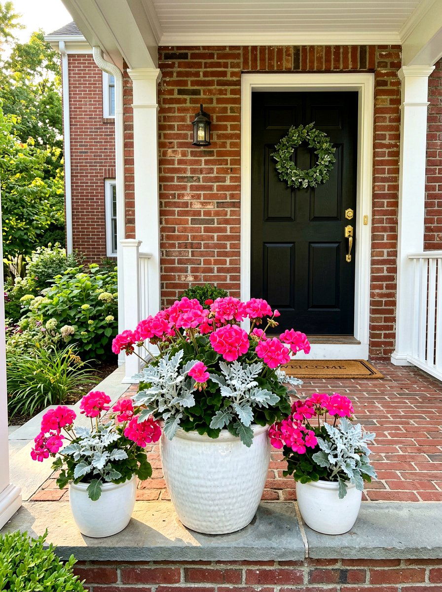 Bright Pink Geranium Arrangement - 30 porch planter arrangement ideas for summer