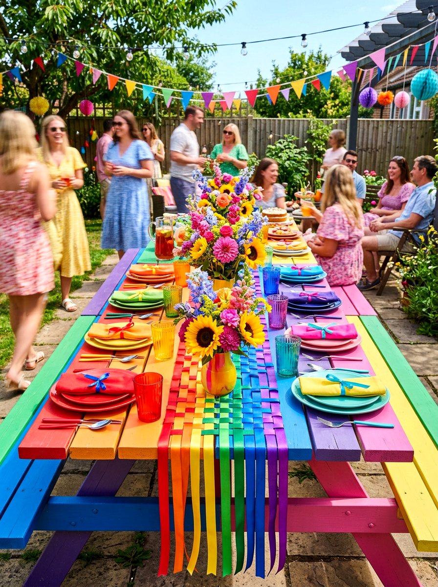 Bright Rainbow Picnic Table - 30 outdoor picnic table decor ideas