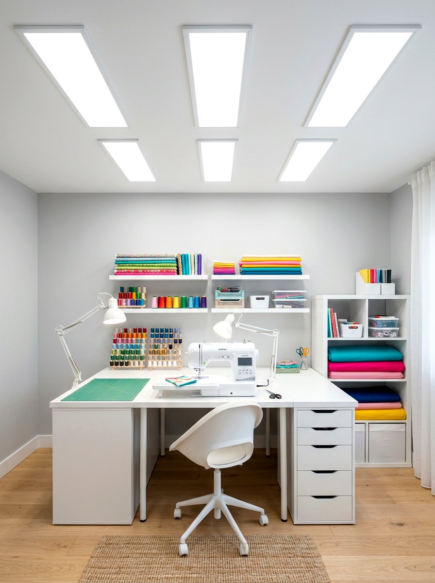 Bright White Craft Room Lighting - 30 quilting room ideas
