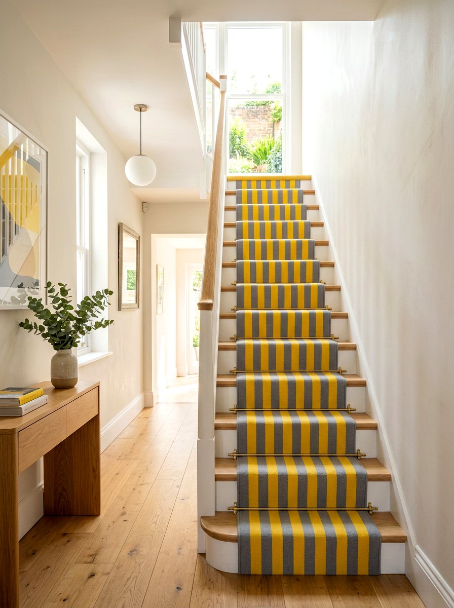 Bright Yellow And Grey Striped Stair Runner - 30 stair runner stripe ideas