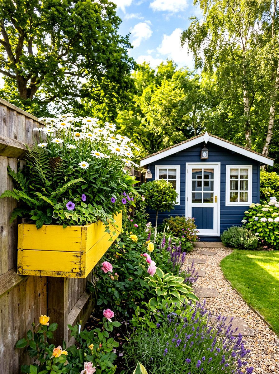 Bright Yellow Wood Box - 30 shed flower box ideas