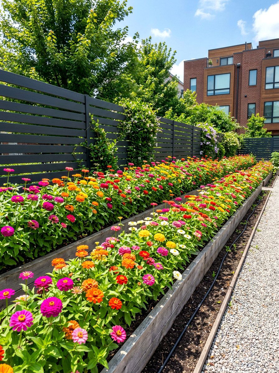 Bright Zinnia Rows - 30 flower bed plant ideas