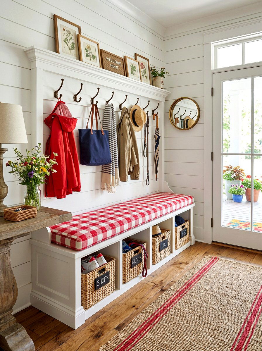 Bright checkered mudroom bench - 30 bright checkerboard decor ideas