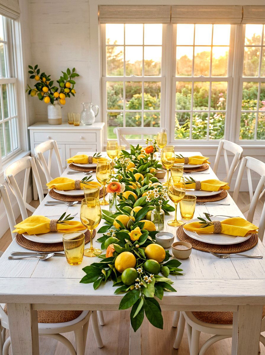 Bright citrus dinner table - 30 sunset dinner table ideas