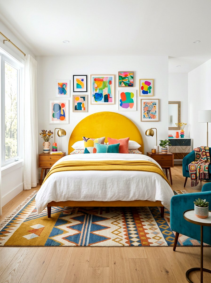 Bright colored curved headboard - 30 sculptural headboard ideas