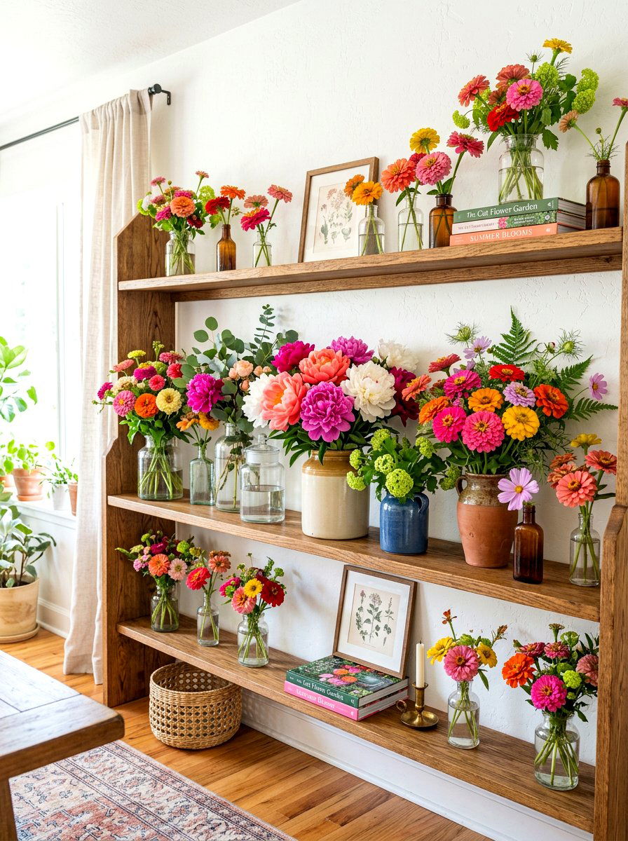 Bright floral shelf - 30 summer shelf decor ideas