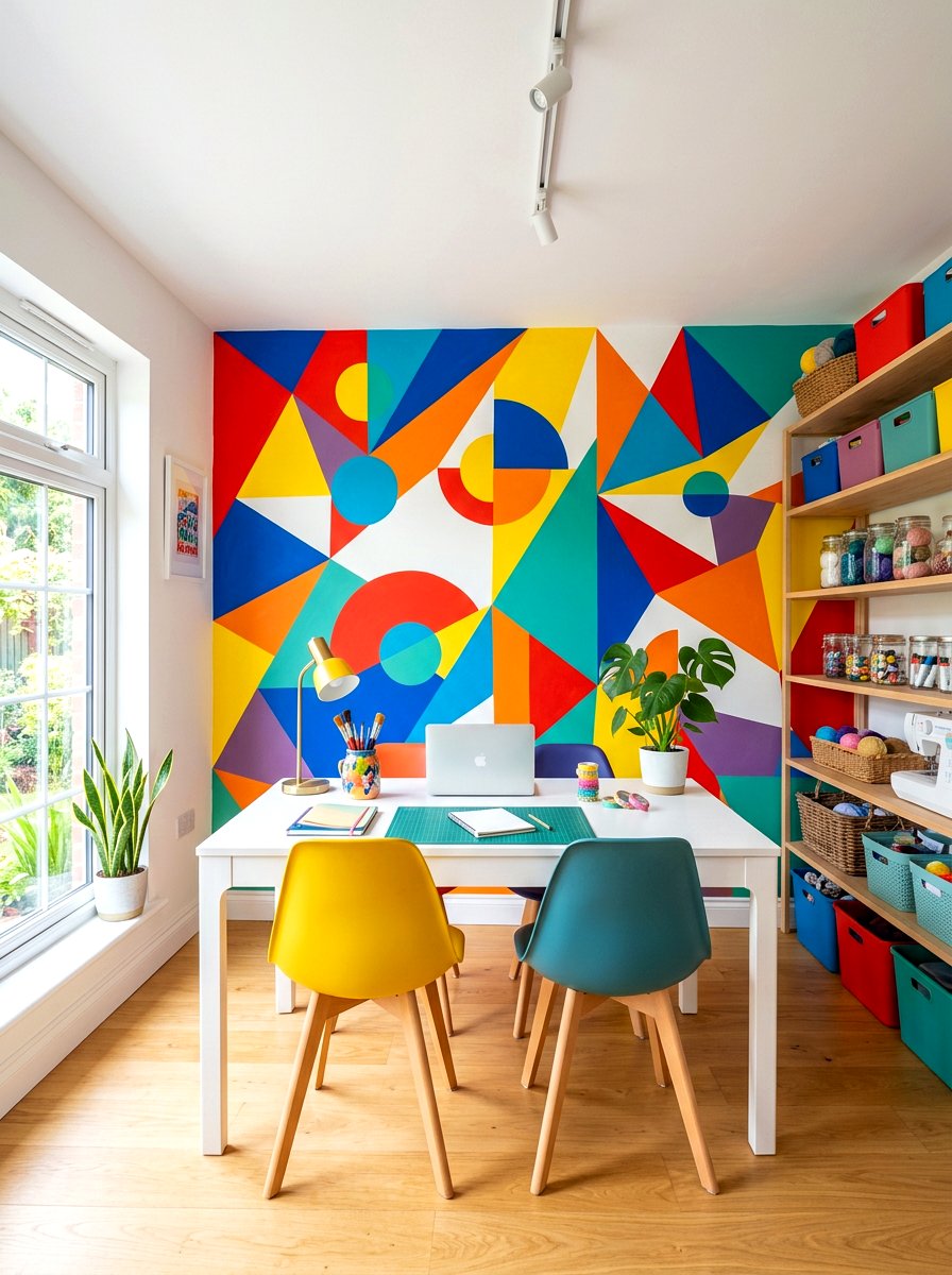 Bright geometric mural room - 30 kids craft room ideas