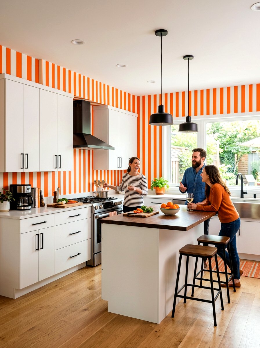 Bright orange striped kitchen - 30 striped kitchen wallpaper ideas