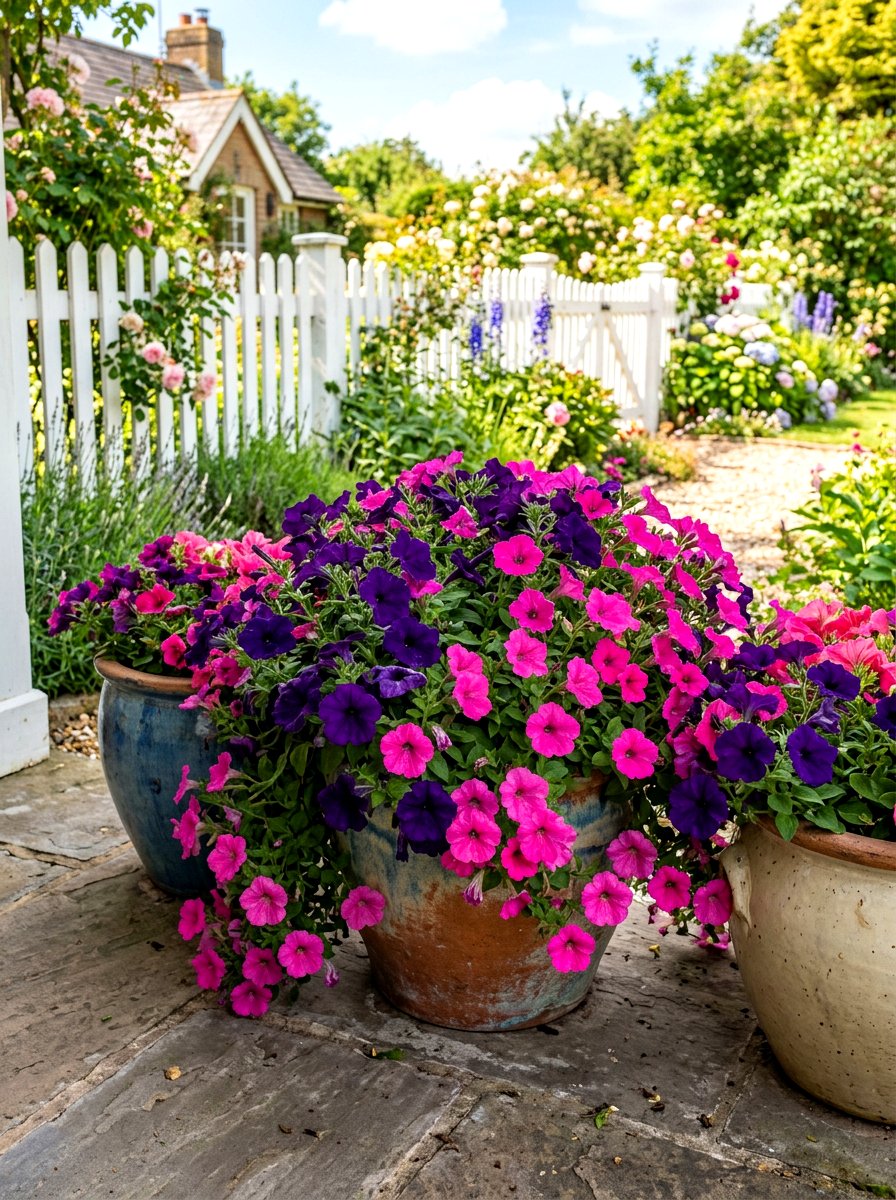 Bright petunia arrangements - 30 porch container garden ideas