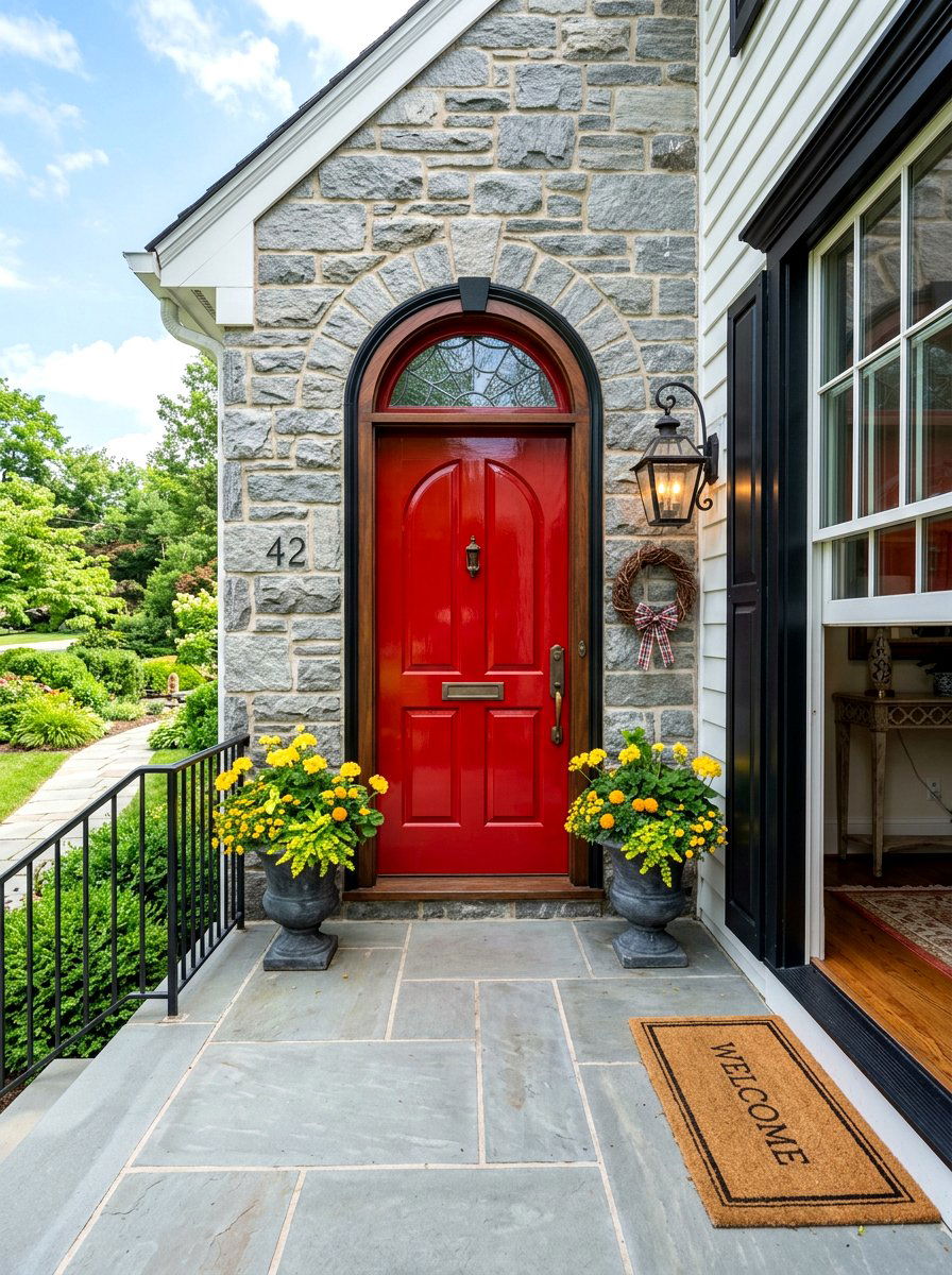 Bright red arched front door - 30 arched front door ideas