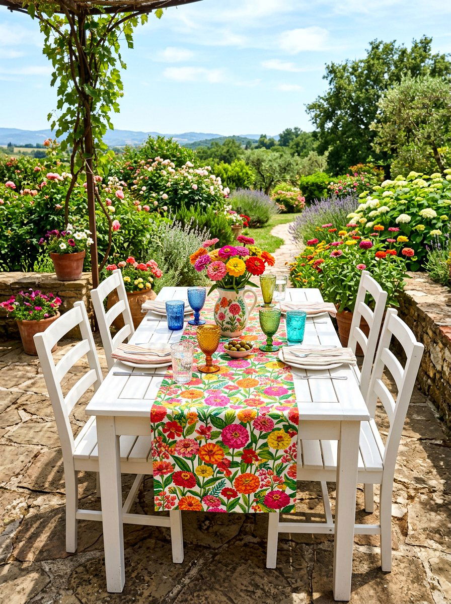 Bright summer zinnia table runner - 30 floral table runner ideas