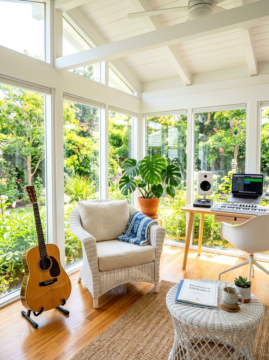 Bright sunroom music studio - 30 music practice room ideas
