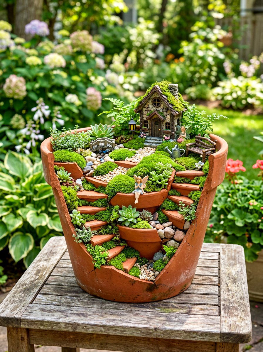Broken Ceramic Pot Fairy Garden - 30 repurposed garden decor ideas