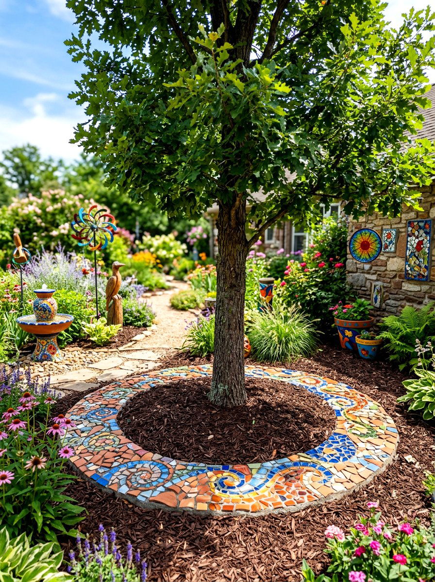 Broken pottery tree ring - 30 mulch ring around tree ideas