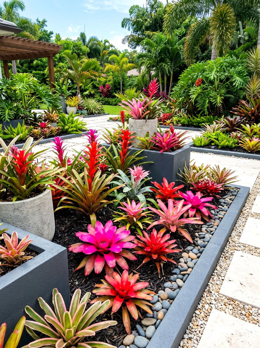 Bromeliad plant bed - 30 tropical landscaping ideas