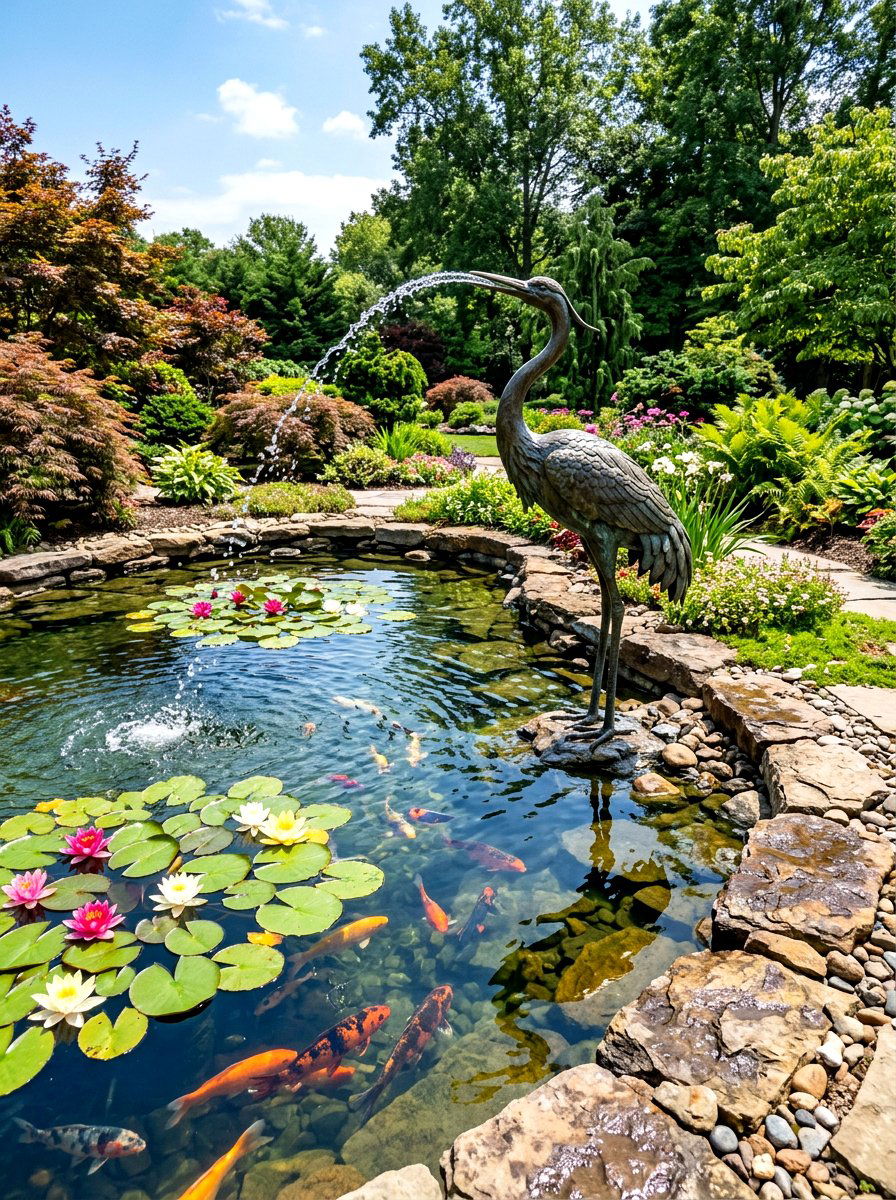 Bronze Crane Water Sculpture - 30 garden statue ideas