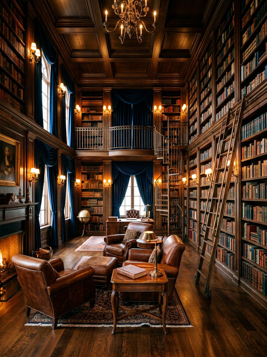 Bronze Library Interior - 30 metallic maximalist decor ideas