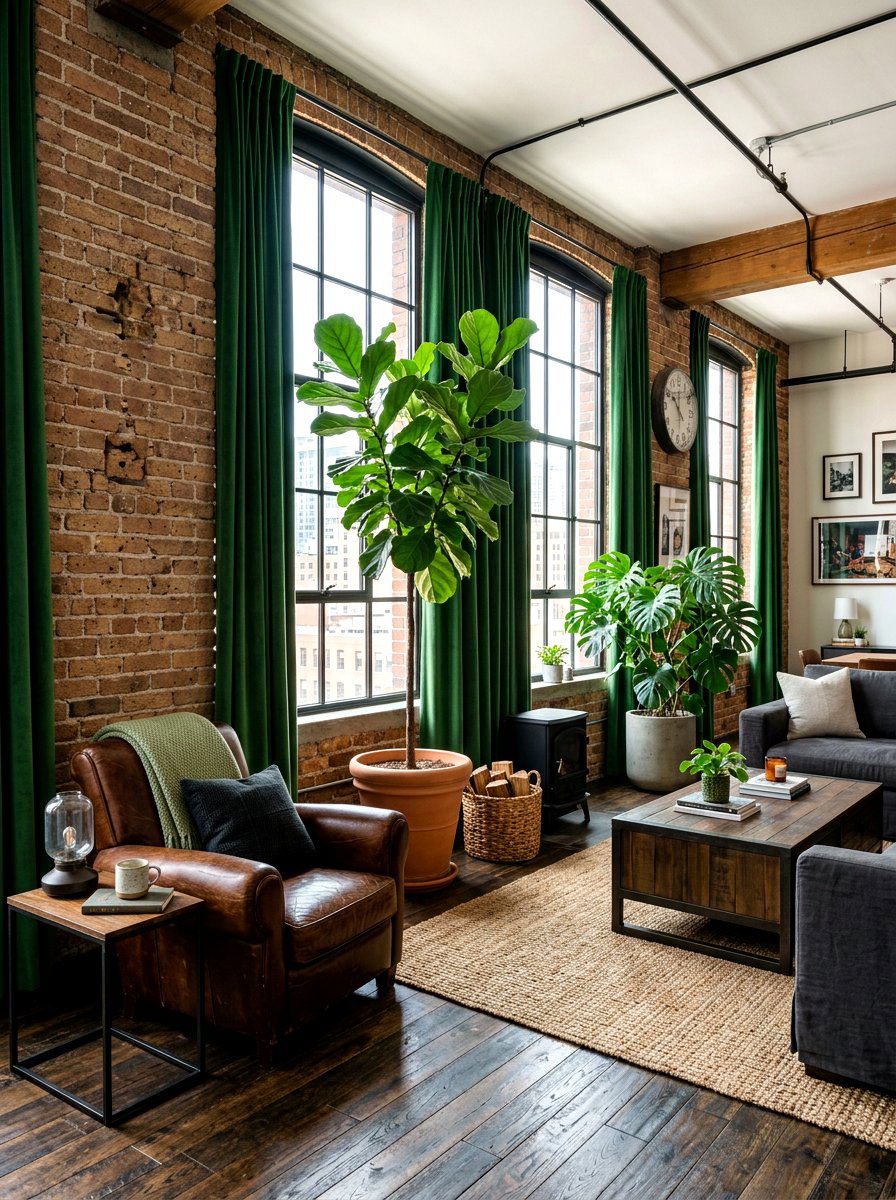 Brown Brick Wall With Forest Green Curtains - 30 forest green and brown living room ideas