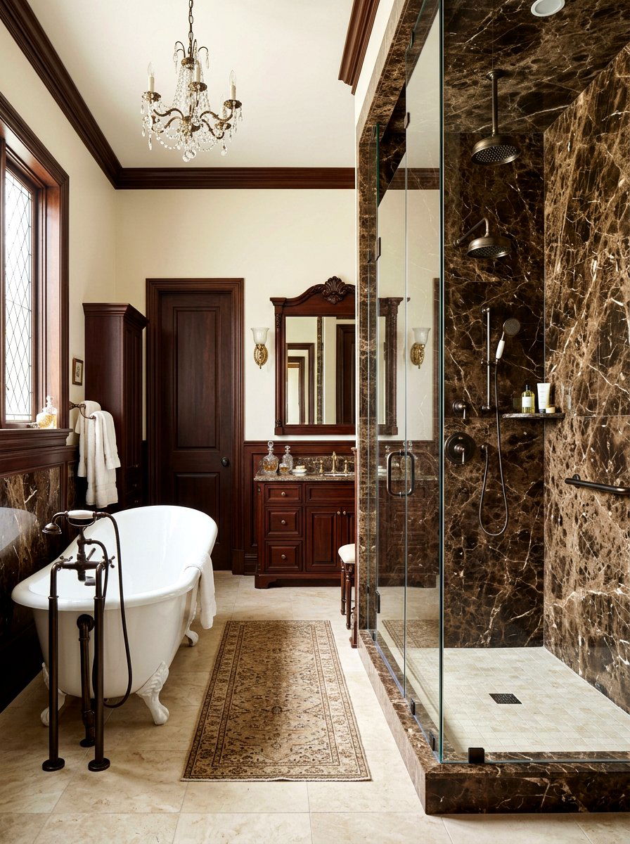 Brown Emperador Marble Shower - 30 stone slab shower wall ideas
