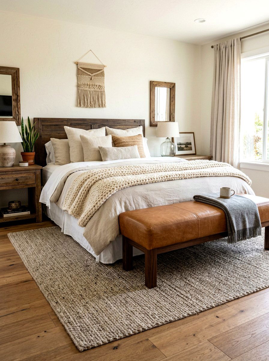 Brown Leather Bench - 30 earthy bedroom decor ideas