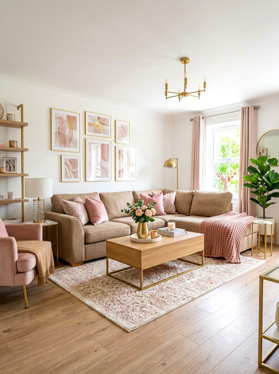 Brown and blush pink living room - 30 brown living room ideas
