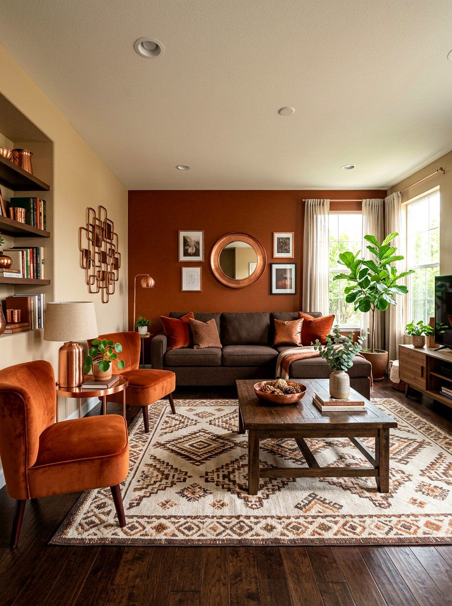 Brown and burnt orange living room - 30 brown living room ideas
