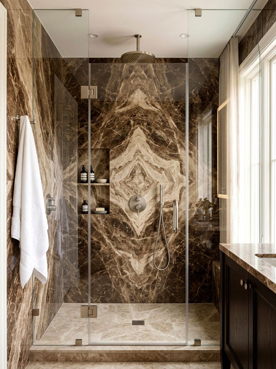 Brown and cream marble shower - 30 chocolate brown bathroom ideas