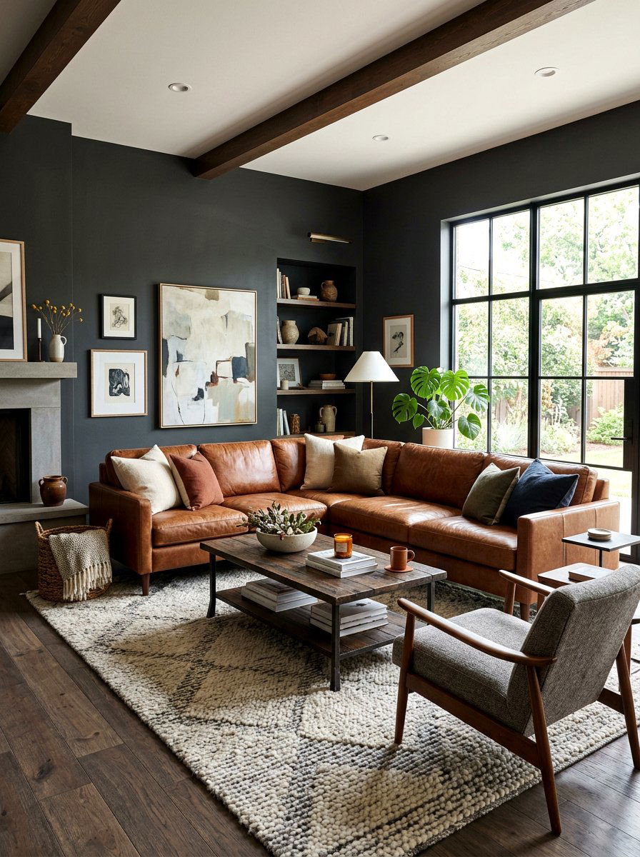 Brown leather living room - 30 earth tone living space ideas