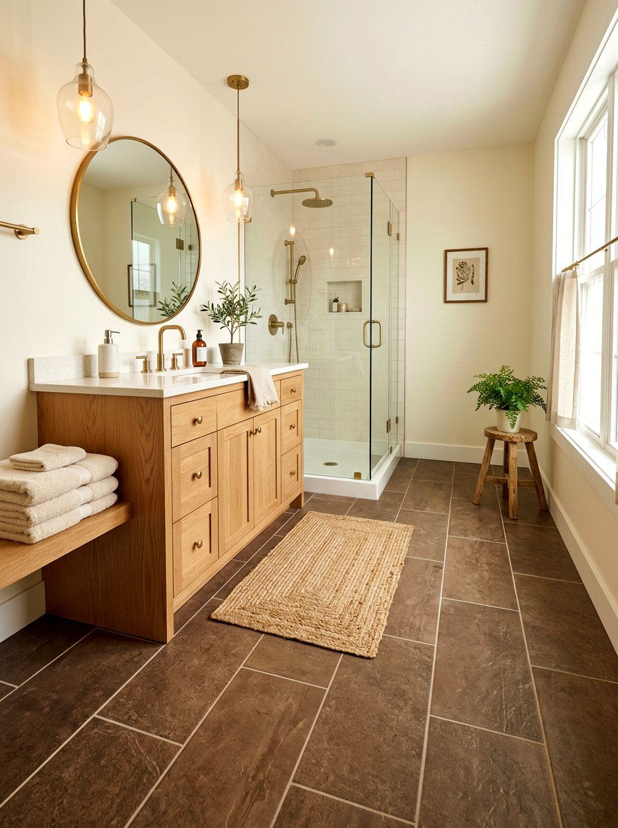 Brown mocha tone floor tile - 30 removable tile bathroom ideas