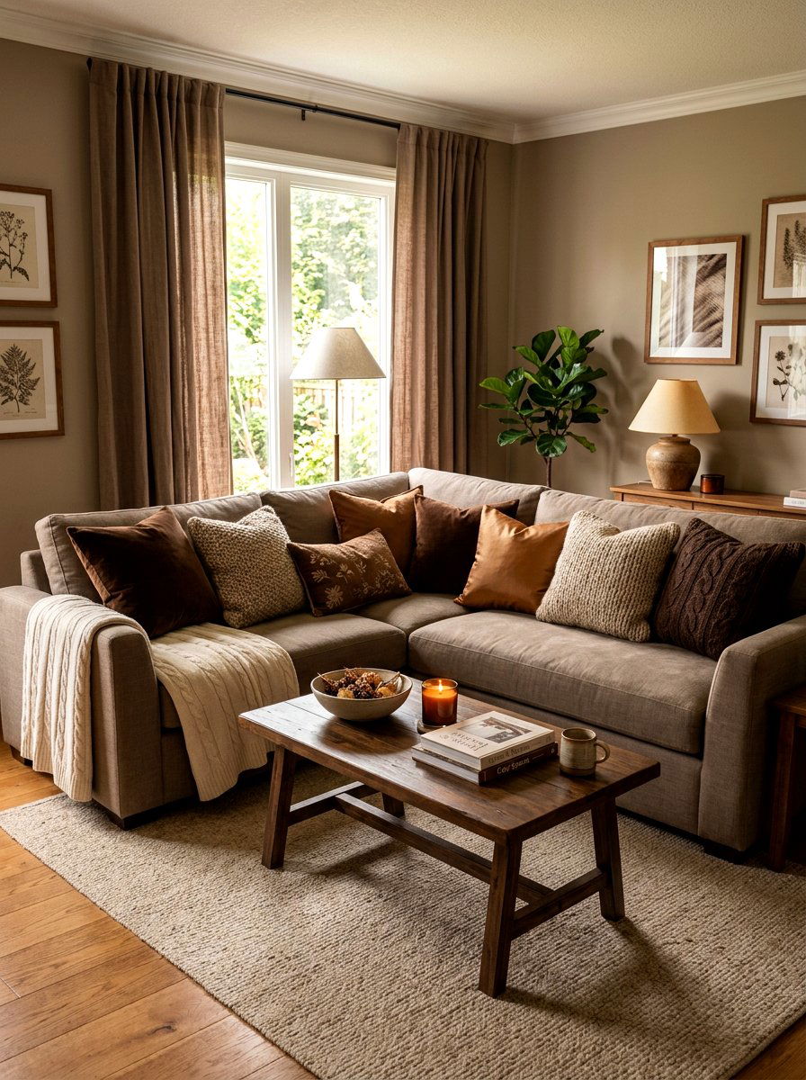 Brown throw pillows - 30 tonal brown living room ideas