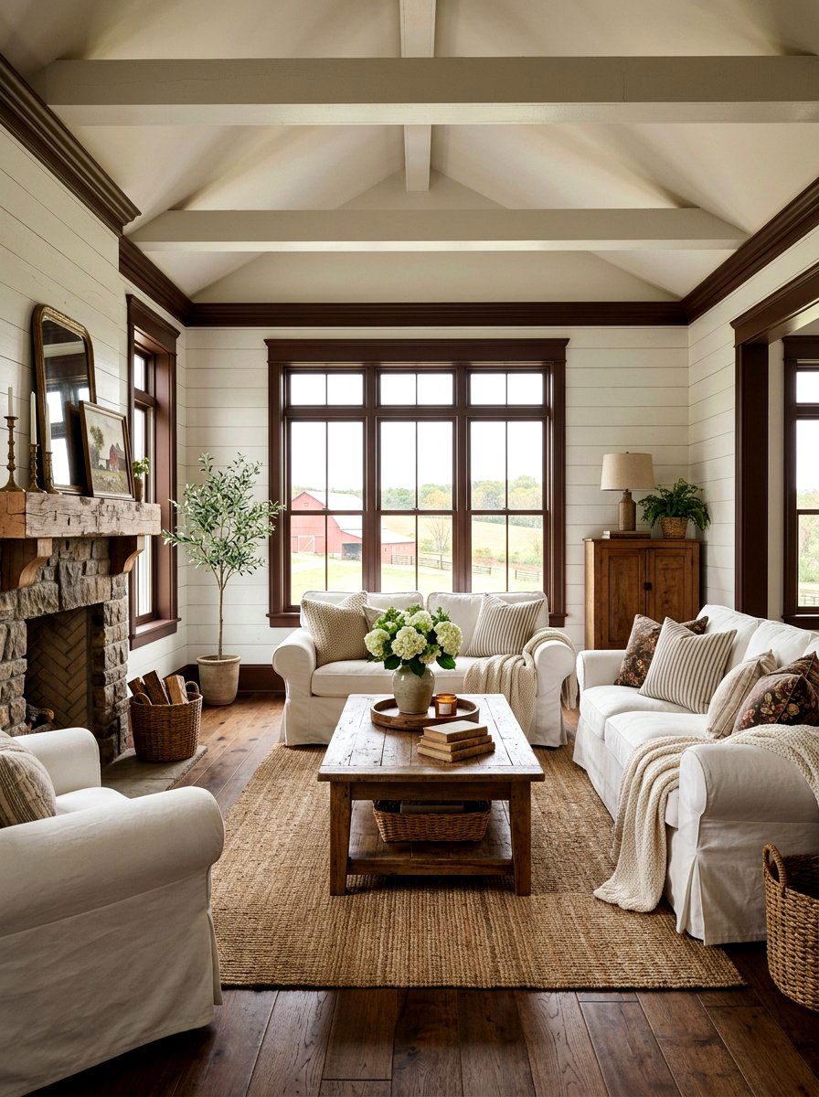Brown trim farmhouse living room - 30 painted trim room ideas