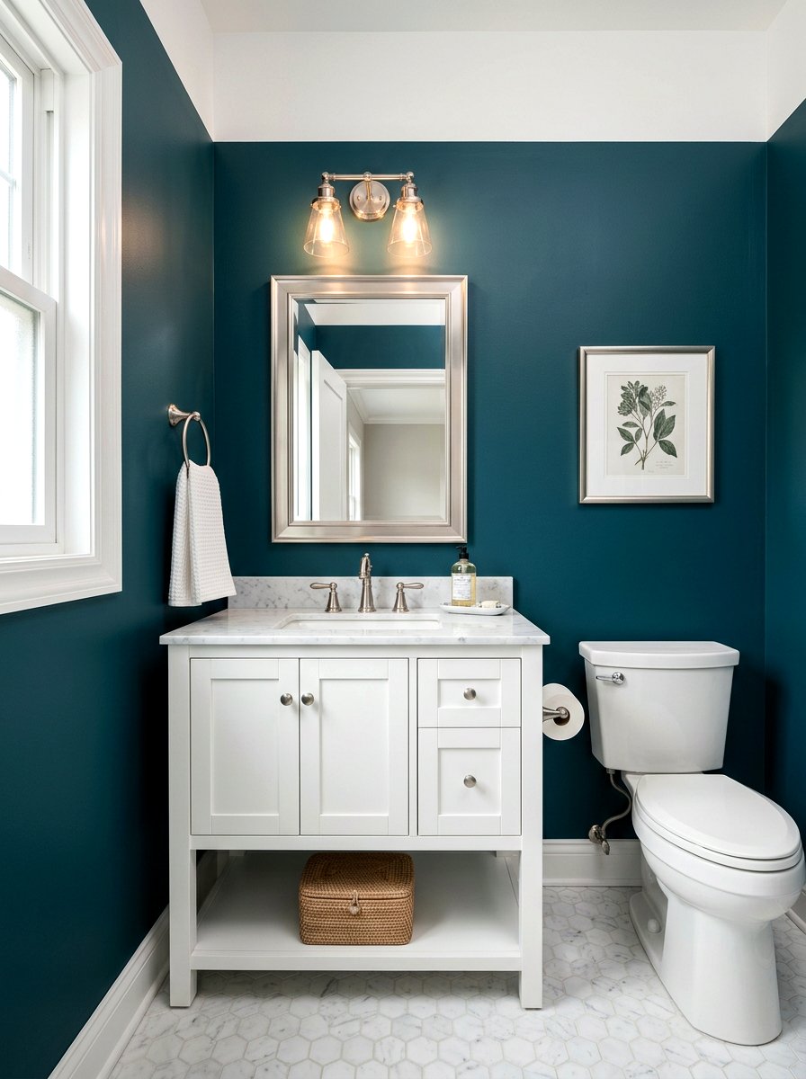Brushed Nickel Accents - 30 deep teal powder room ideas