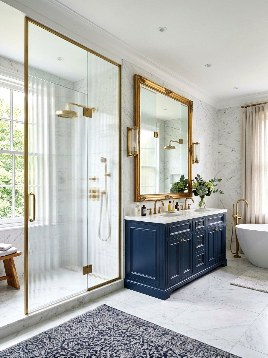 Brushed brass fluted glass shower - 30 ribbed glass shower ideas