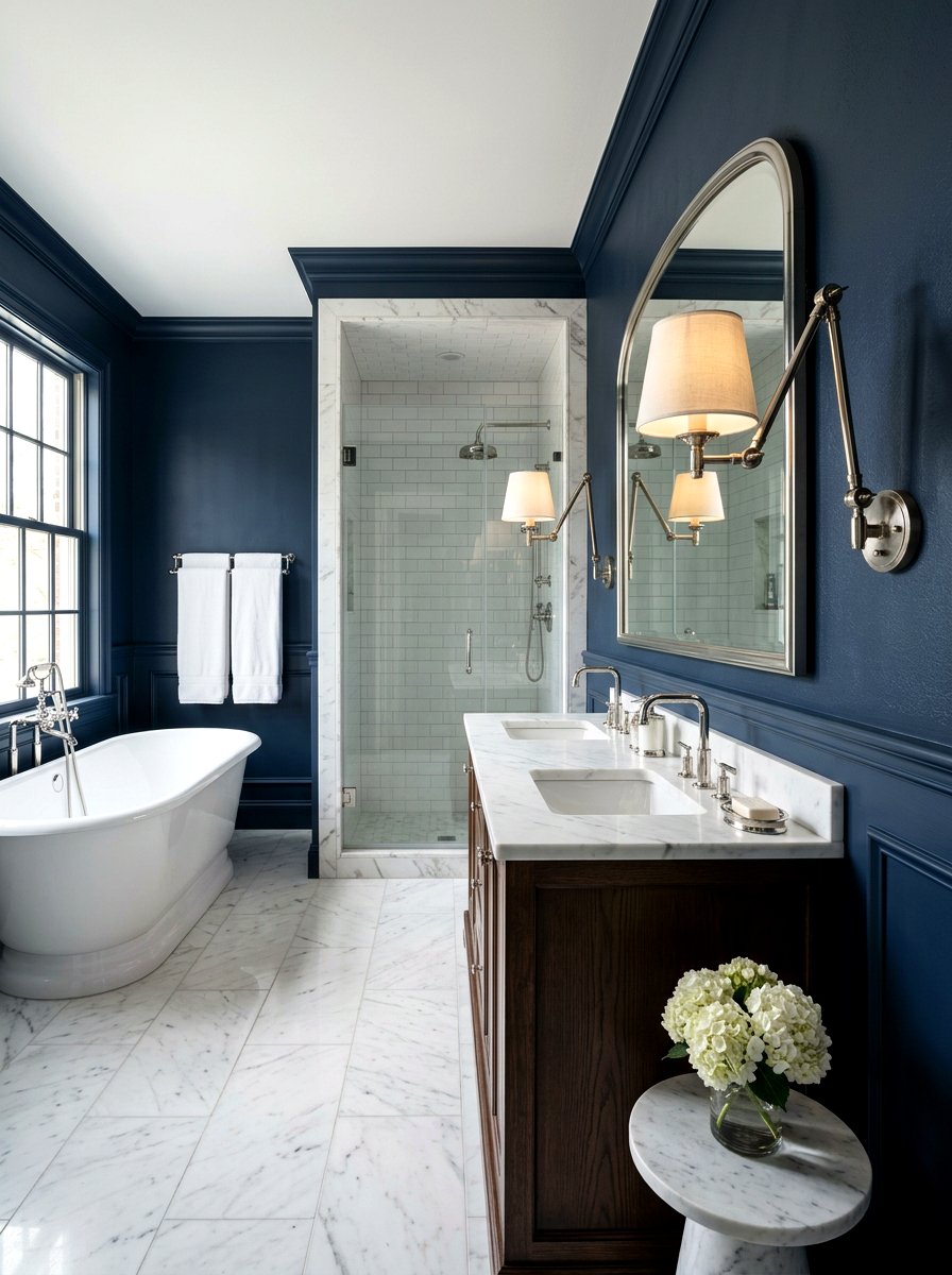 Brushed nickel swing arm lamp - 30 moody bathroom lamp ideas