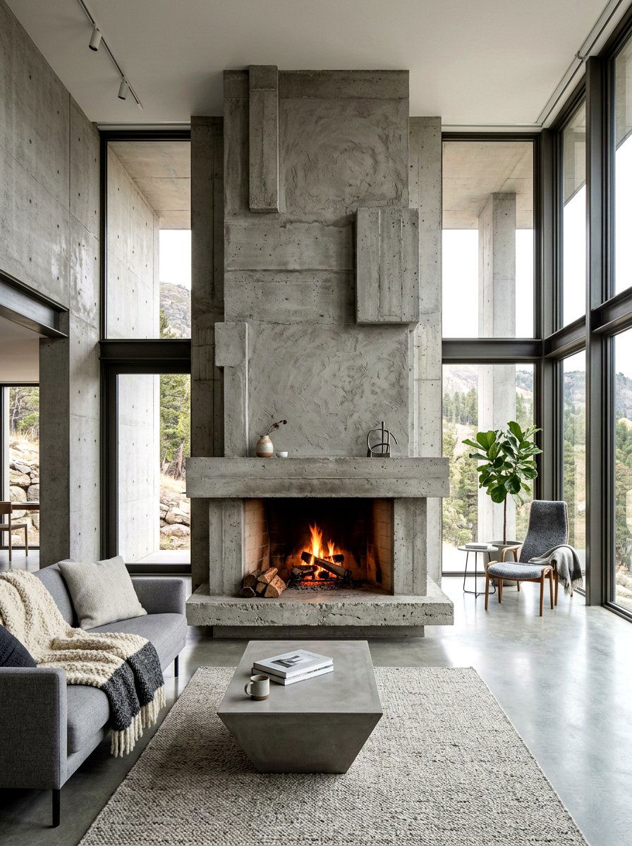 Brutalist Concrete Look Plaster Fireplace - 30 plaster fireplace ideas
