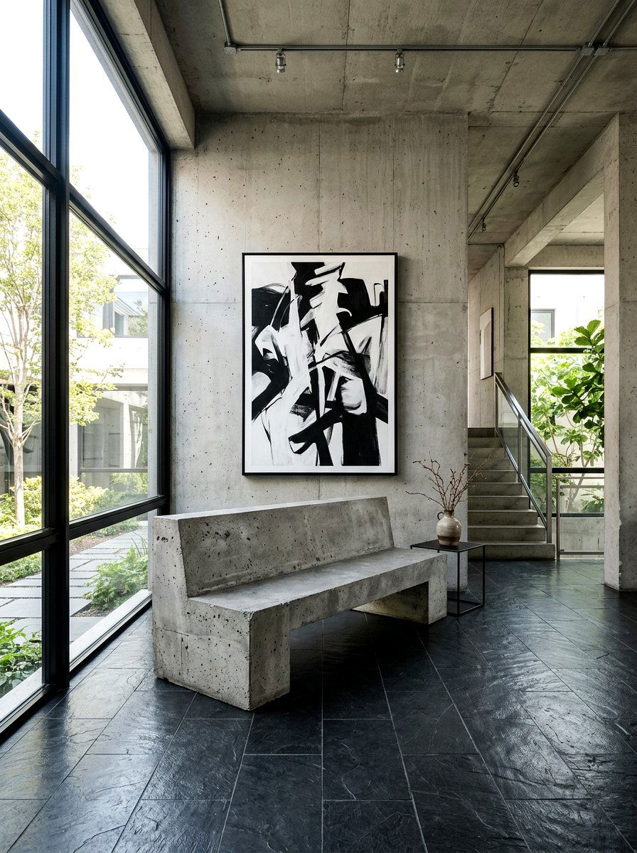 Brutalist concrete foyer bench - 30 sculptural entry bench ideas