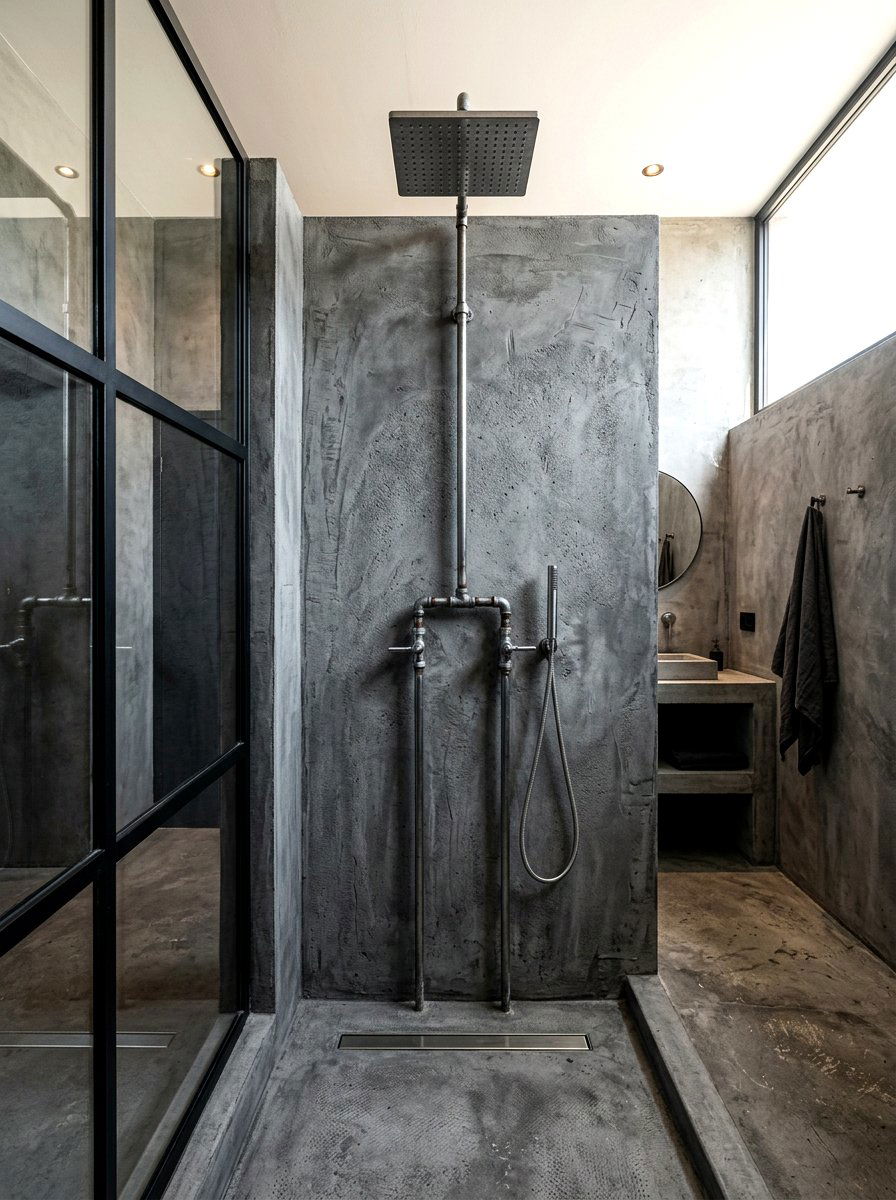 Brutalist microcement shower - 30 microcement shower ideas