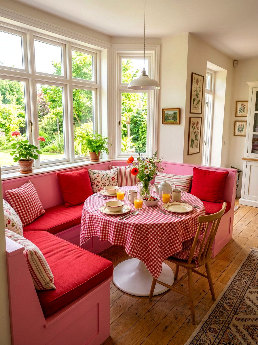 Bubblegum pink and scarlet breakfast nook - 30 pink and red home decor ideas