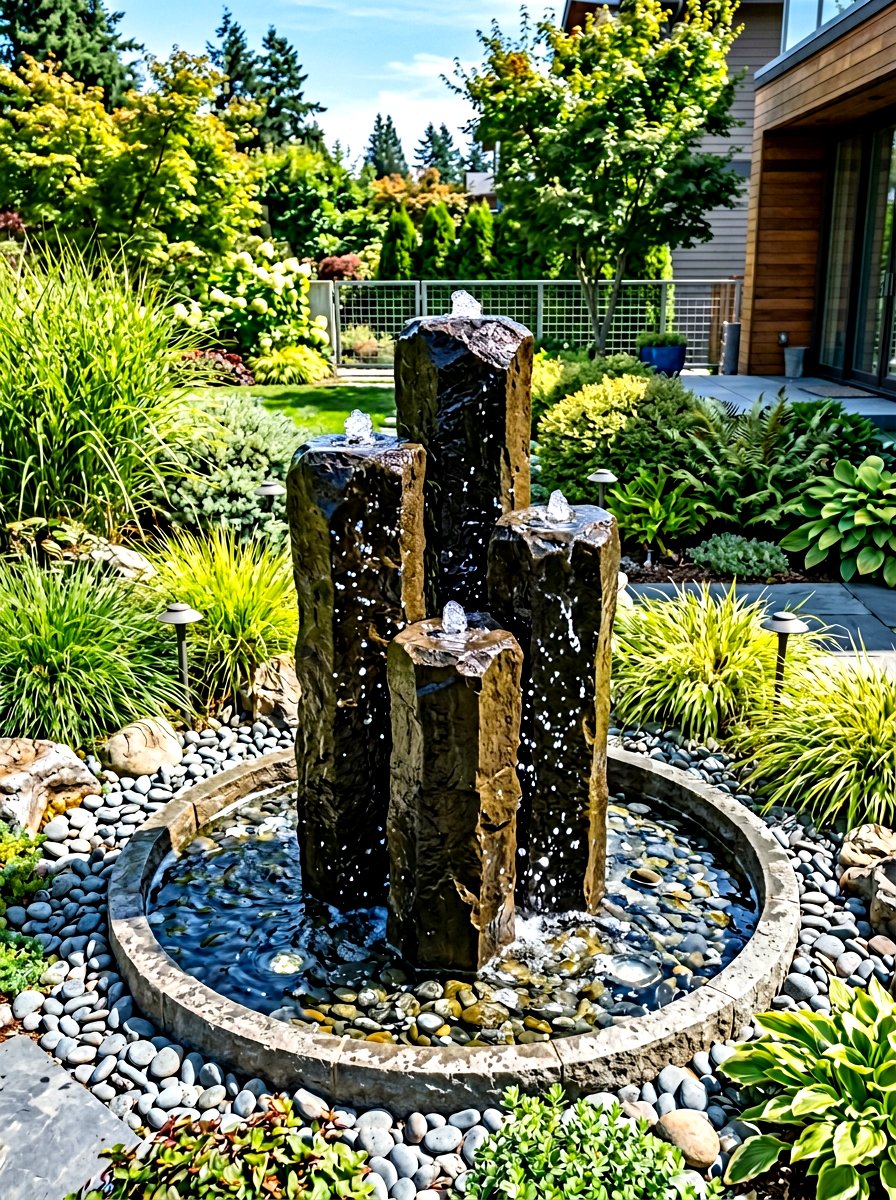 Bubbling basalt column - 30 front yard water feature ideas