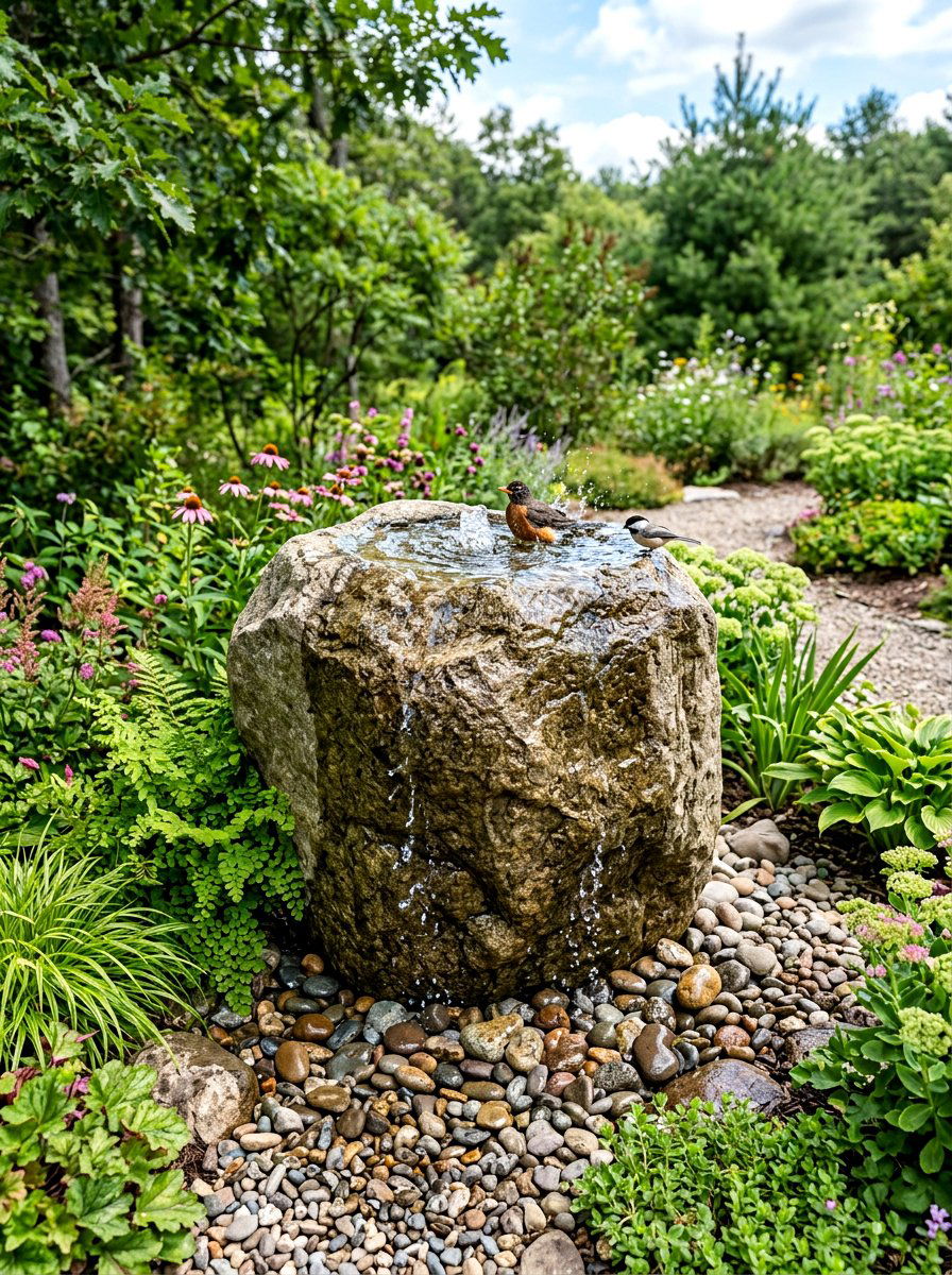 Bubbling boulder bird bath - 30 front yard bird bath ideas
