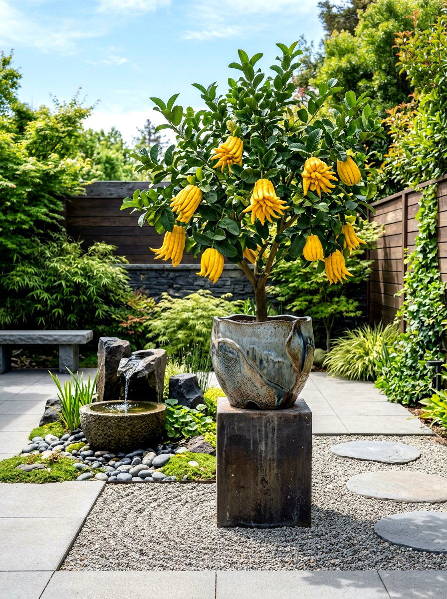 Buddhas Hand Citrus In Unique Pot - 30 potted citrus patio ideas