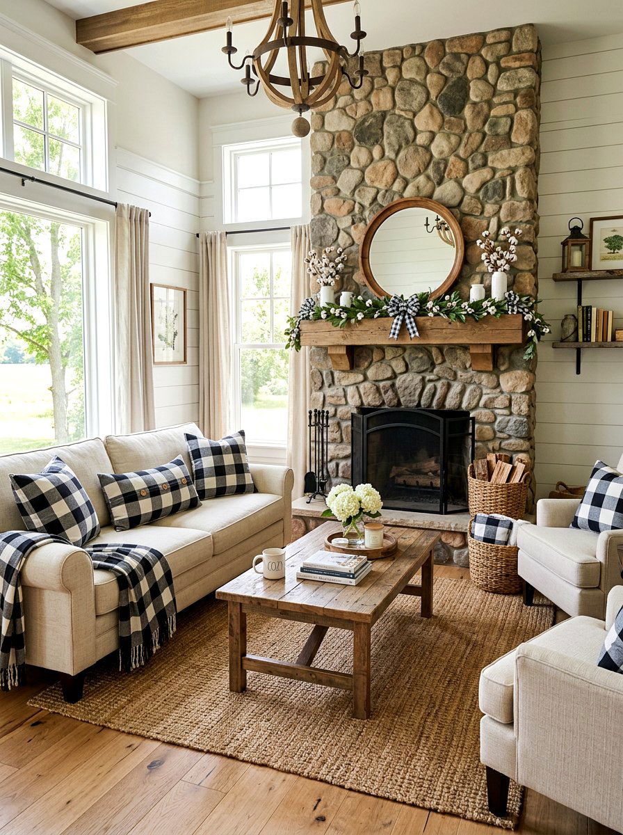 Buffalo Check Decor - 30 rustic farmhouse living room ideas